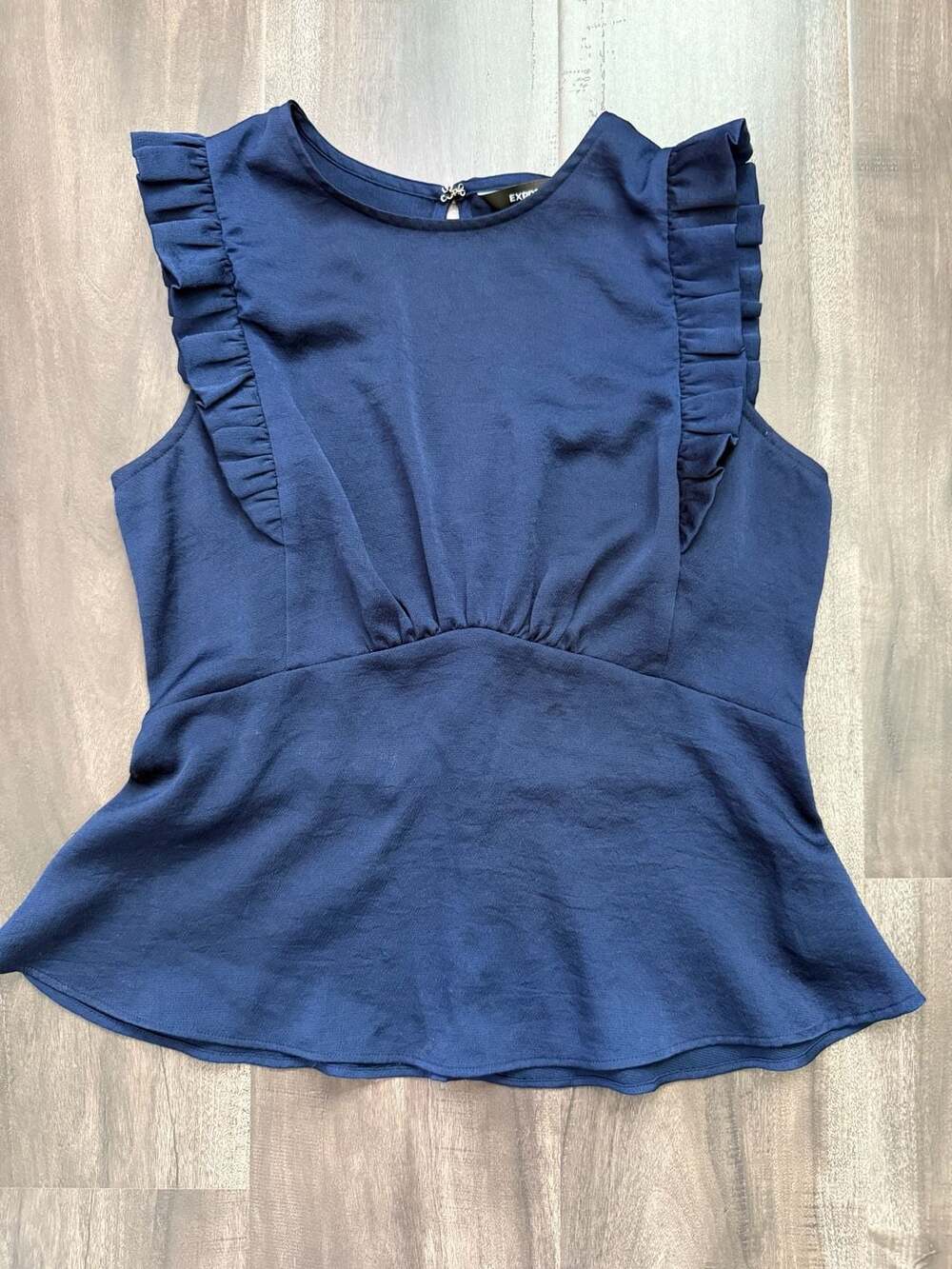 Express Navy Blue Ruffle Sleeve Cinched Peplum Top